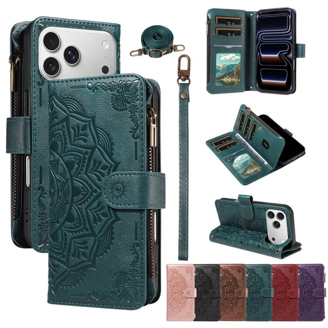 For iPhone 17 Pro Max Wallet Case, 9 Card Slots RFID Blocking Crossbody Leather Cover, Zipper Pocket, Detachable Wrist & Shoulder Strap, Magnetic Shockproof Protective Phone Case for Women,Green