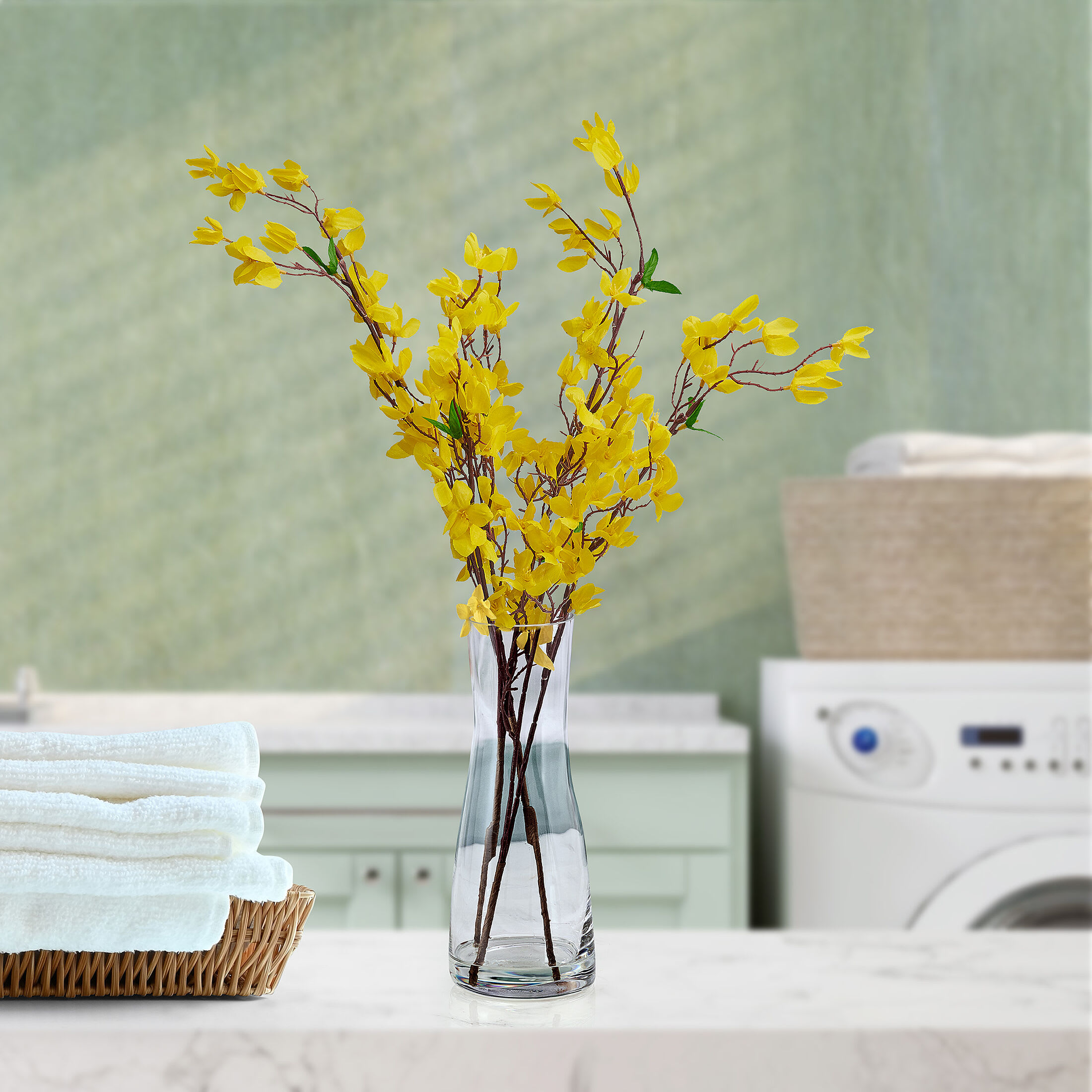 Elements Artificial Realistic Look and Feel Forsythia Arrangement in Clear Glass Vase