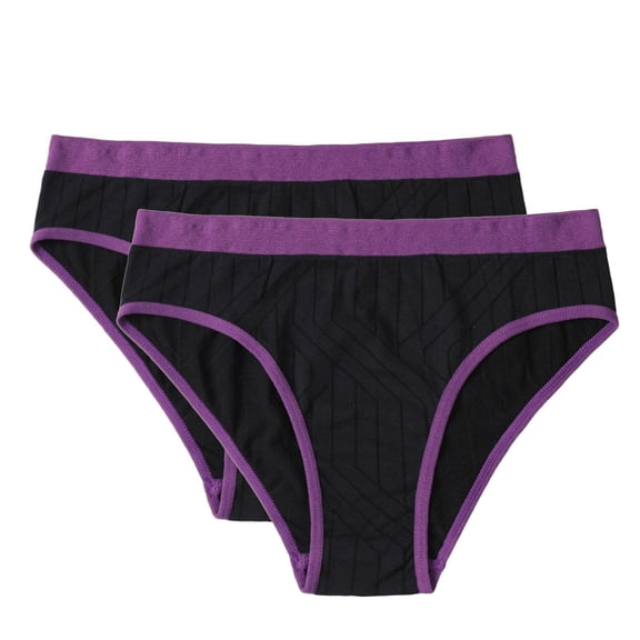Guieoi 2-Piece Seamless Low-Waisted Womens Underpant Plus Size Underwear Stretchy Soft Breathable Panties Striped Color-Blocked High-Stretch Briefs Purple M