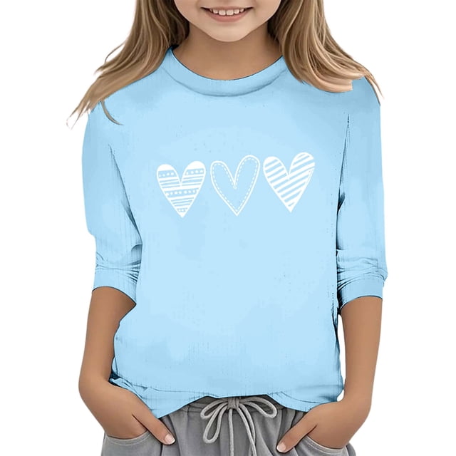T-shirt à Manches Longues Cœur Manches Courtes pour Filles Imprimé Saint-Valentin Mode Fonctionnel Col Rond Manches 3/4 T-Shirt Décontracté