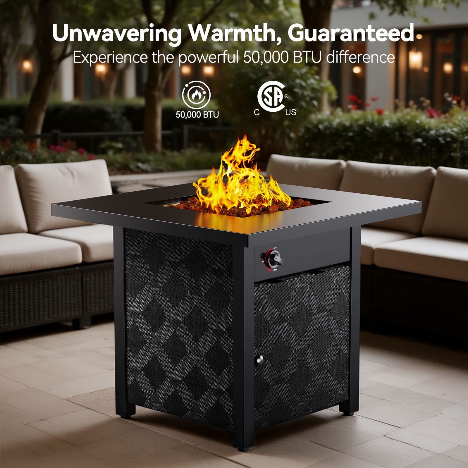 Philergo 28" Propane Fire Pit, 50,000 BTU Square Gas Fire Pit Table for Patio Garden Party with Lava Rocks, Removable Lid, CSA-Certified