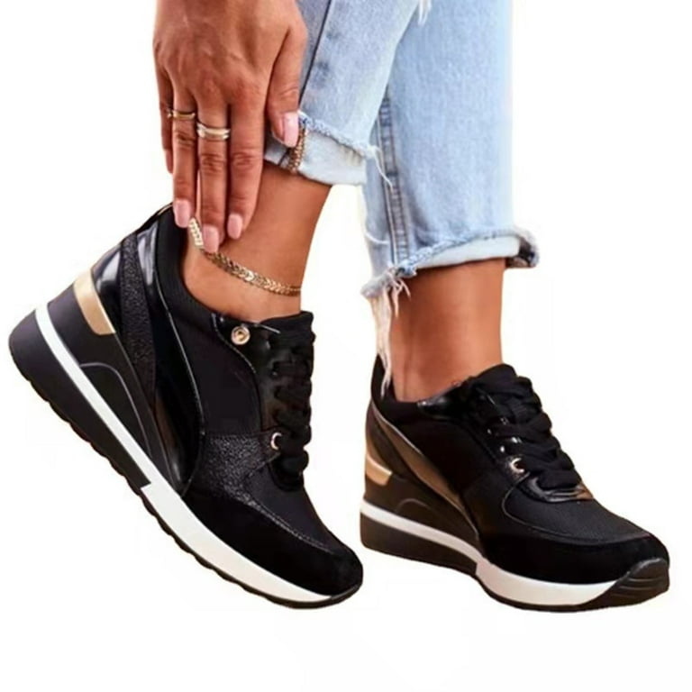 High Heel Fashion Walking Women's Fashion Sneakers Hidden Wedge Sneakers For Black 35 - Walmart.com