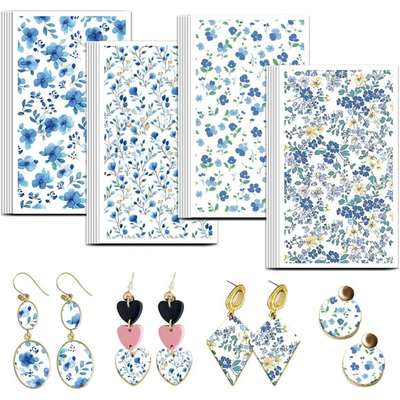1 Set Blue Flowers Clay Transfer Paper 4 Design 24 Pcs Transfer Paper for Polymer Floral Polymer Clay Transfer Sheets Small Flower Transfer Paper for Clay Earrings Jewelry Making