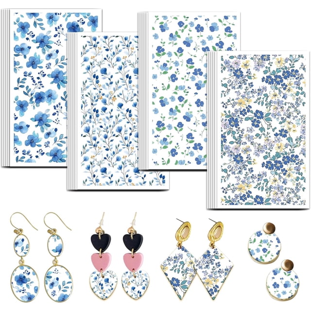 Papel de transferencia de arcilla con flores azules, 4 diseños, 24 piezas, hojas de transferencia de arcilla polimérica floral, papel de transferencia de flores pequeñas