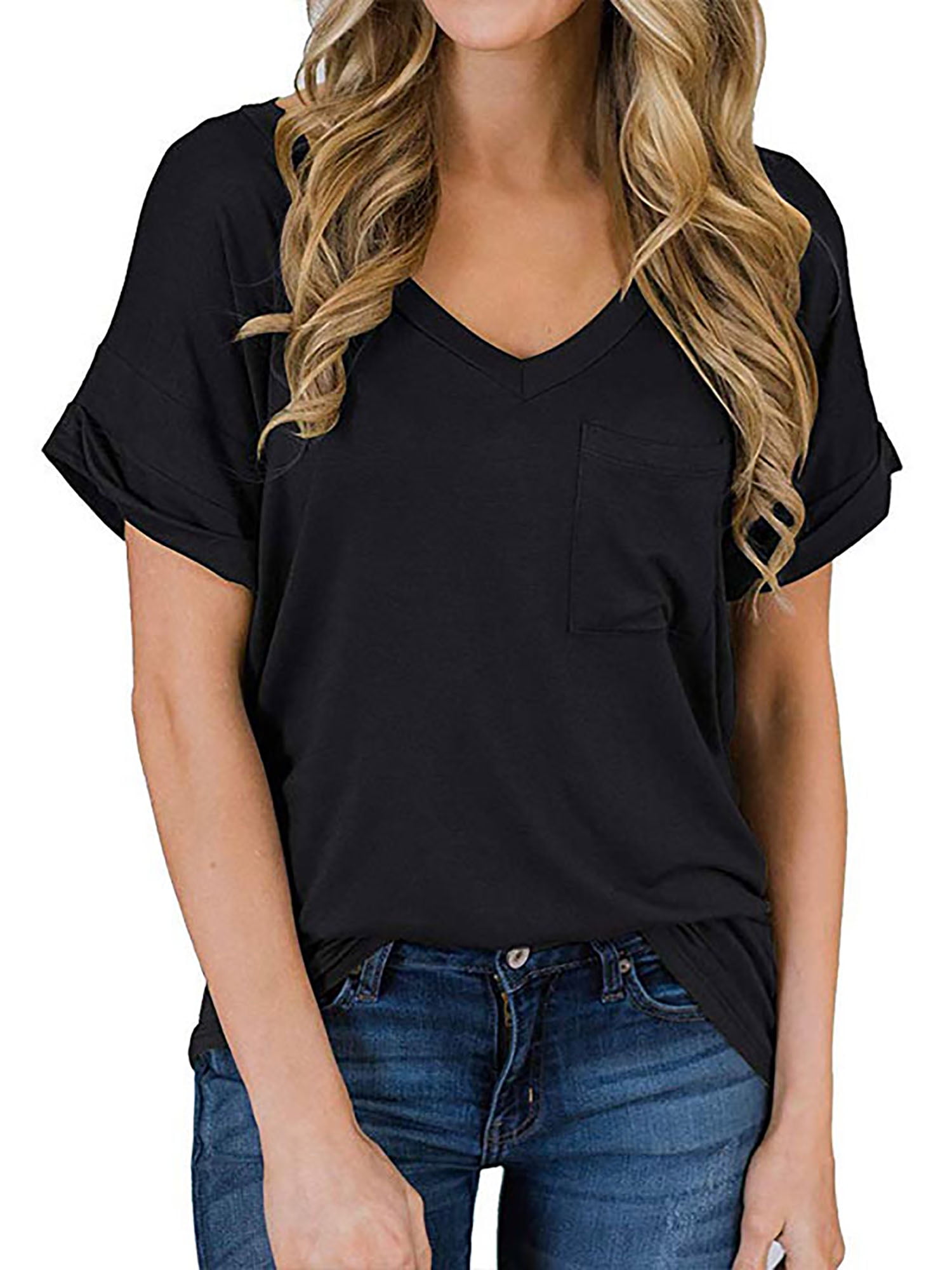 Women Solid Color Top Toxz Women Solid Color Blouse Short Sleeve V Neck Casual T-Shirt T-Shirt 