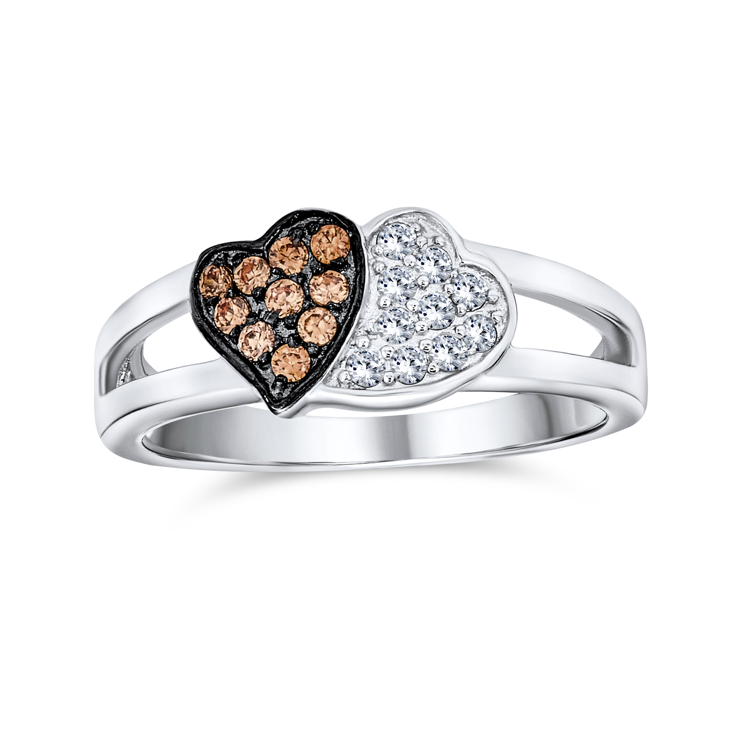 Coffee Brown And White Two Tone Pave CZ 2 Double Heart Shape Promise Ring For Teen For