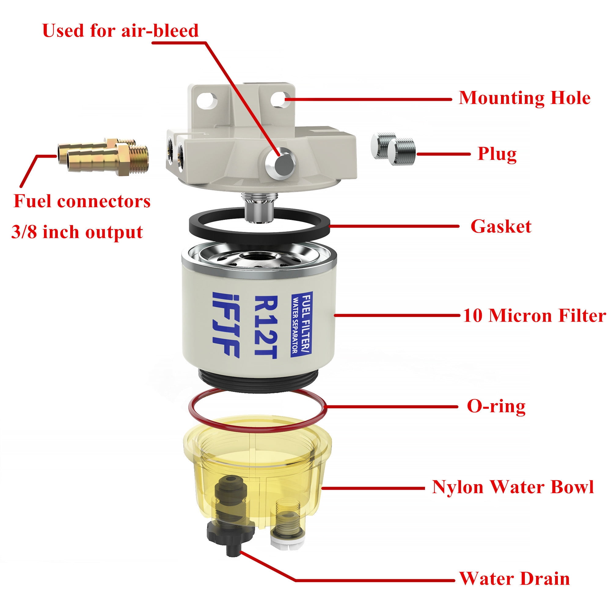iFJF R12T Fuel Water Separator Marine 120AT NPT ZG1/4-19 Automotive Parts with Fitting -Complete Combo Filter Diesel Engine(Includes 2 fittings,2 plugs)