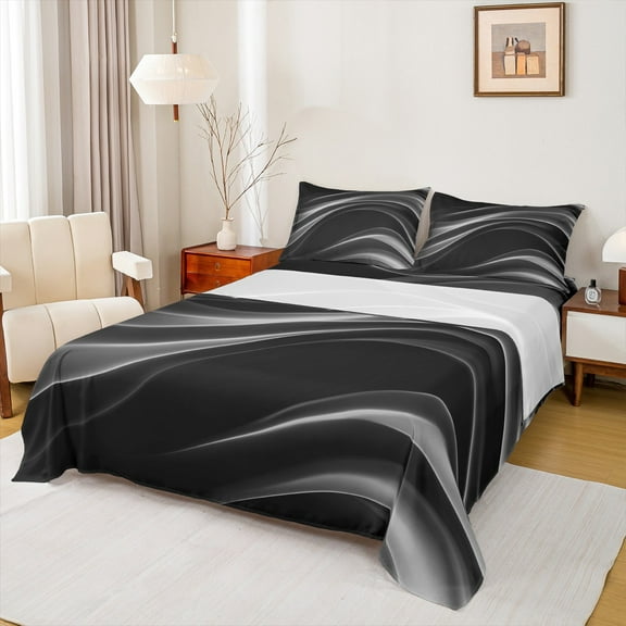 Manfei Geometric Lines Twin Sheet Sets,Minimalism Geometric Line Twin Fitted Sheet,Gray Black Flat Sheet For Girls Boys,Super Cozy Room Decor,3-Piece