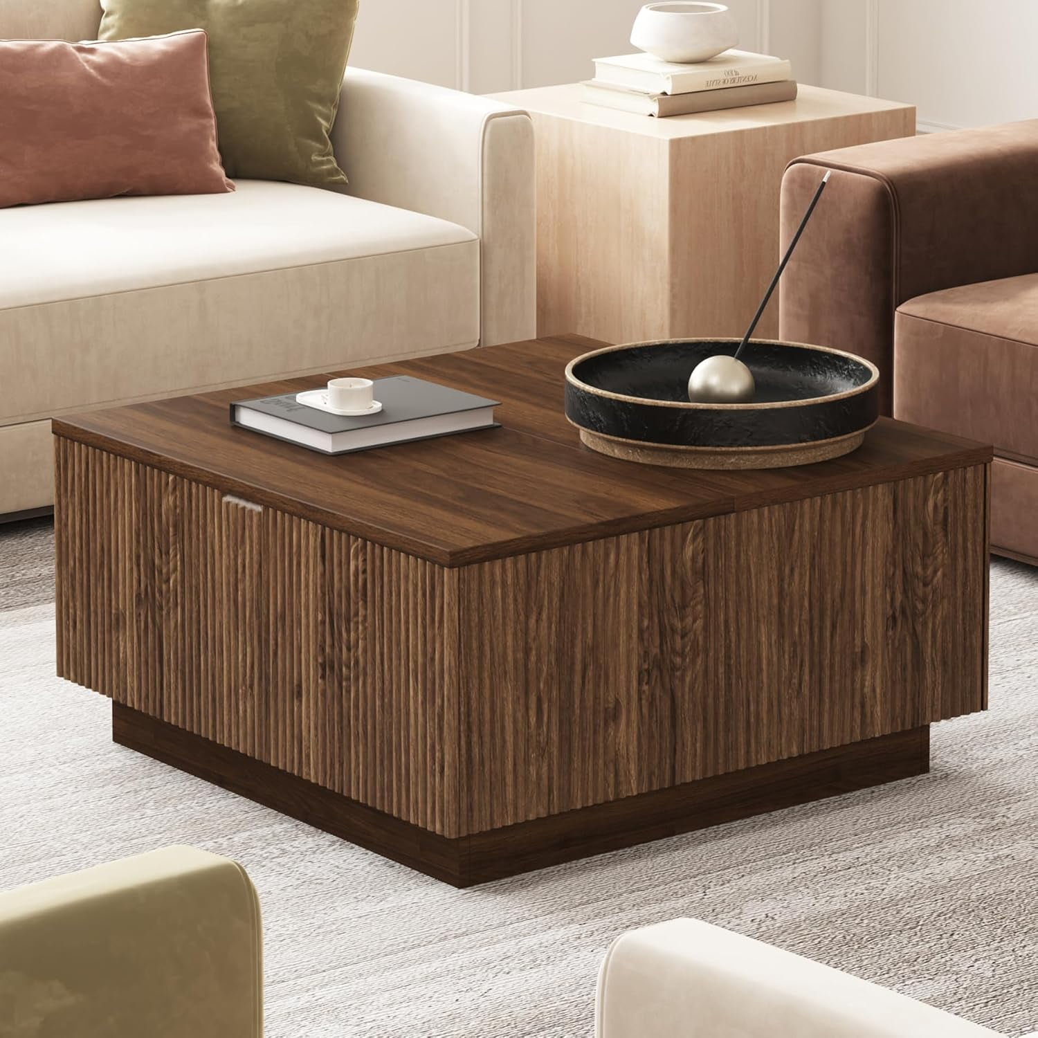 Lift Top  Wood Coffee Table with Hidden Storage Compartment for Living Room, 31-Inch Farmhouse Fluted Center Tea Table with Wooden Lift-Top for Home, Apartment, Small Space, Brown Walnut