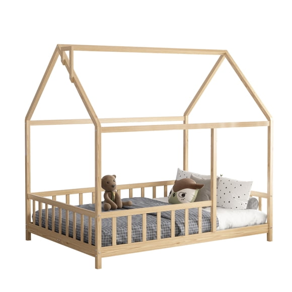 MIMI BEDS ARY Montessori House Floor Bed with 12 Educational Posters, Double, Natural