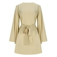 thumbnail image 5 of Women's Solid Color Satin Dress Bell-Sleeve Long Sleeve Casual Crew Neck Ruched Tie Waist Party Mini Dress, 5 of 6