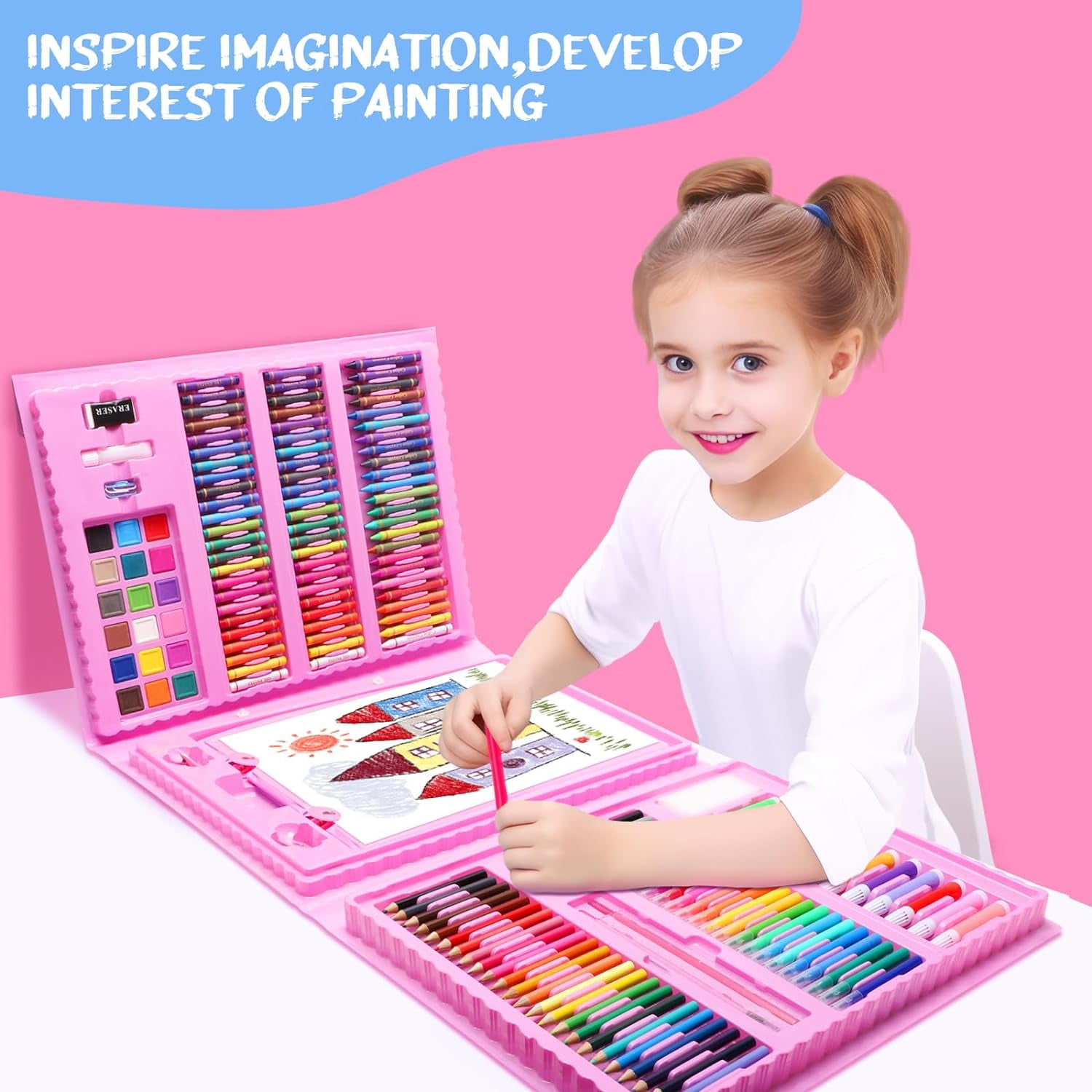 JYPS Art Supplies for Kids,Drawing Kits Unicorn Art Case Coloring Set with Double Sided Trifold Easel,Crayon,Colored Pencil,Marker,Coloring Book,Stencil,Sticker,Drawing Stuffs Gifts for Girls 4-12