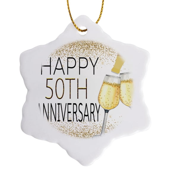 3drose, Happy 50th Anniversary Image of Gold Champagne Glasses, 3 inch Snowflake Porcelain Ornament