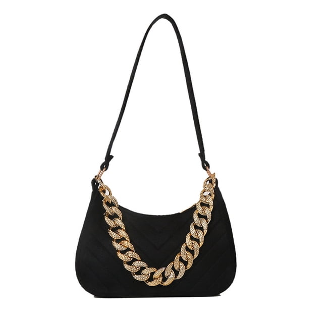 Bolso de mano con cadena decorativa y textura de cuero artificial, sencillo, para ir al trabajo, color negro