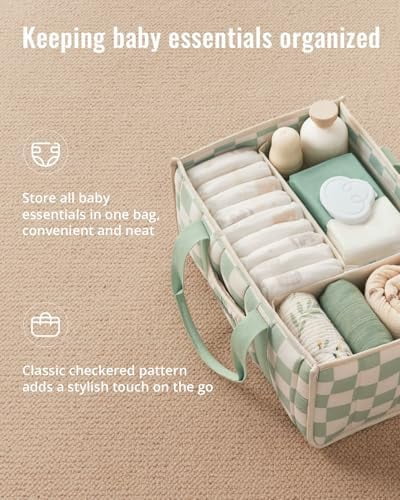 Checkered Diaper Caddy Organizer, Stylish Nursery Storage Basket, Gift for Baby Shower, Newborn Essentials, Registry Search Must Haves, Sage Green