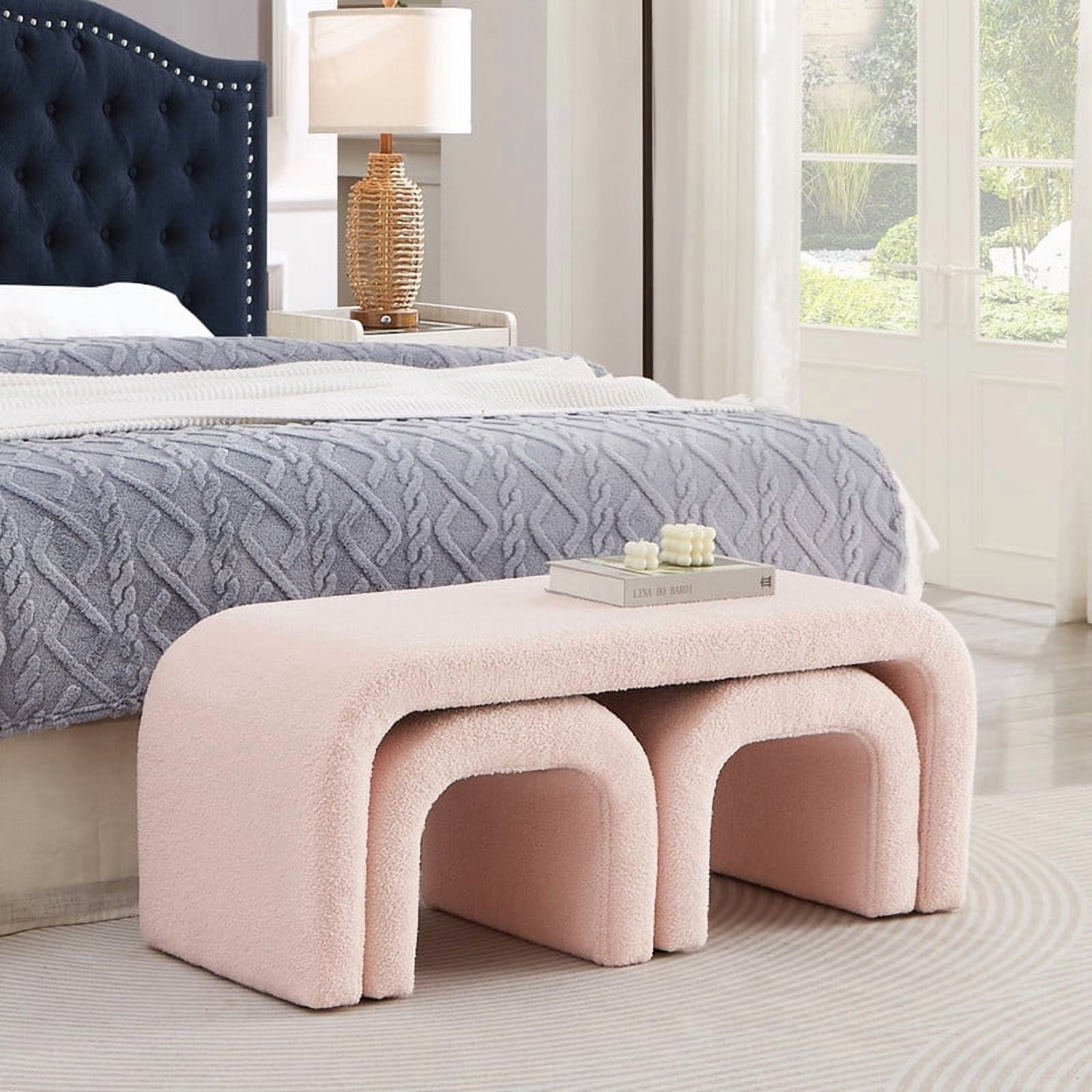3-Piece Ottoman Bench Set, 44" Upholstered End of Bed Bench with 2 Nesting Stools, Teddy Fabric Entryway Bench, Modern Footrest & Extra Seating for Living Room Bedroom,Pink
