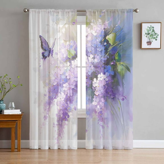 Lavender Sheer Curtains 63 Inches Length 2 Panels Set, Window Sheer Curtains for Living Room/Bedroom, Watercolor Purple White Floral Botanical Butterfly Light Filter Rod Pocket Curtain 52''x63''x2