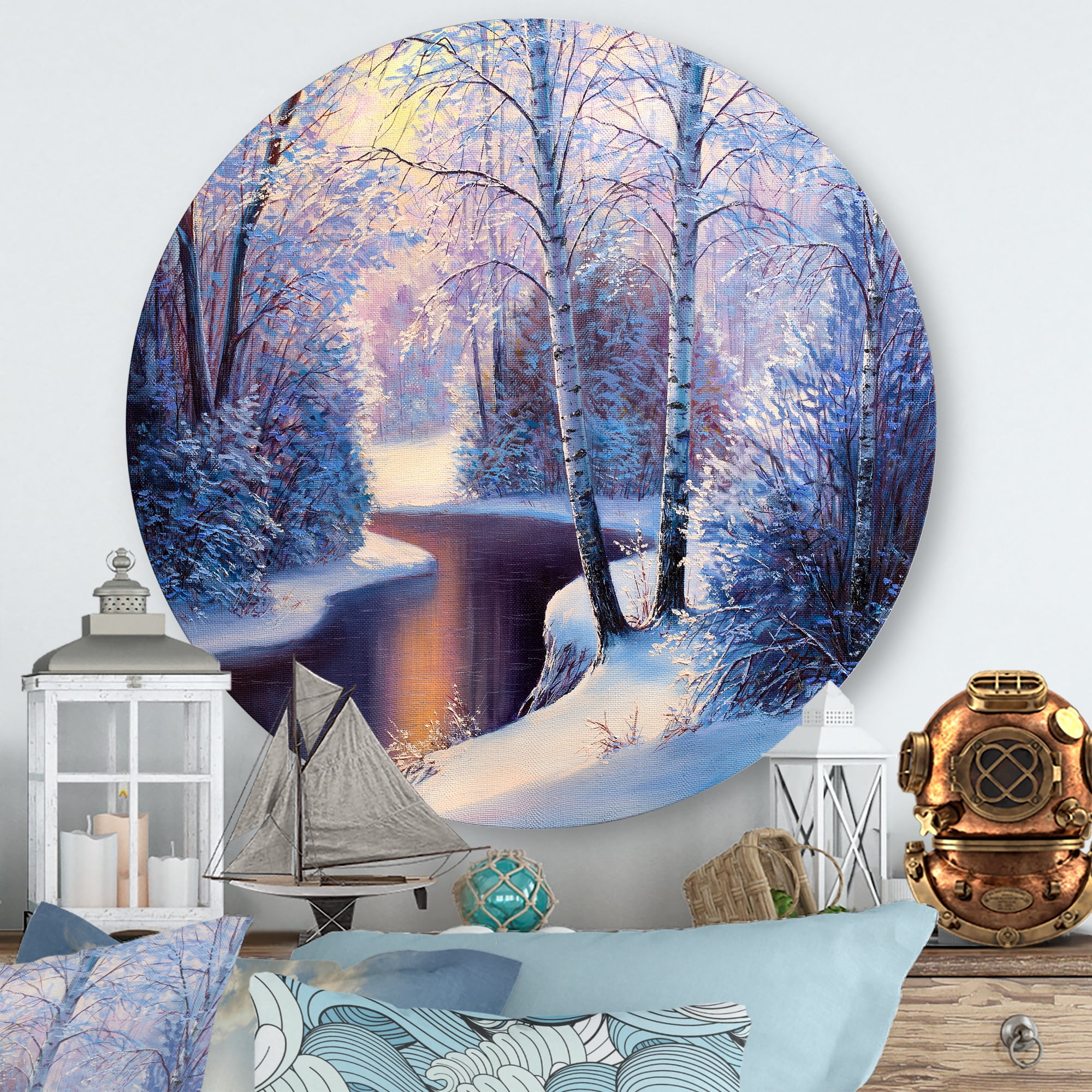 Designart 'Christmas Forest With Trees and River I' Traditional Circle Metal Wall Art 11x11 - Disc of 11