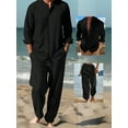 thumbnail image 5 of Men 2 Piece Linen Sets 2025 Button Down Shirt and Drawstring Long Pants Set Summer Outfits Black M, 5 of 5