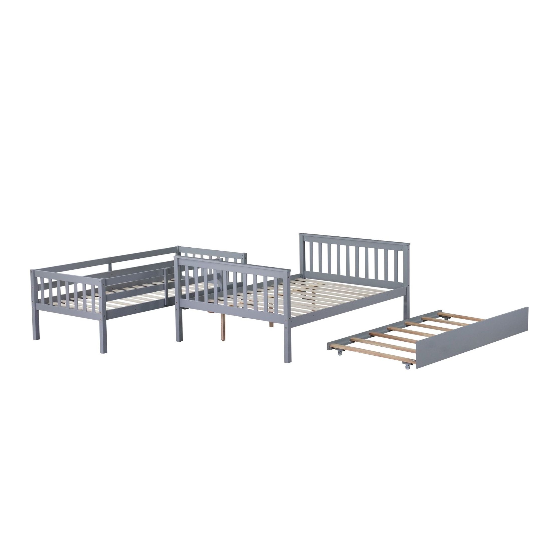 Noble House Twin Over Full Rubber Wood Bunk Bed, Convertible Design with Trundle and Reversible Ladder, Grey
