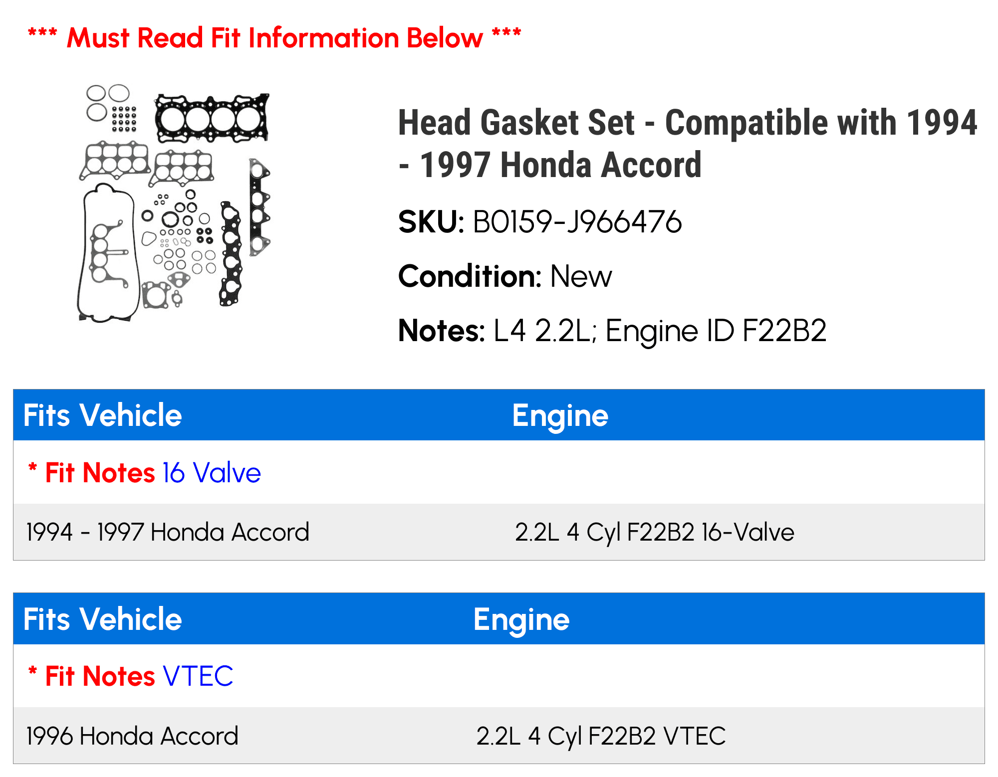 Head Gasket Set Compatible with 1994 1997 Honda Accord 1995 1996 
