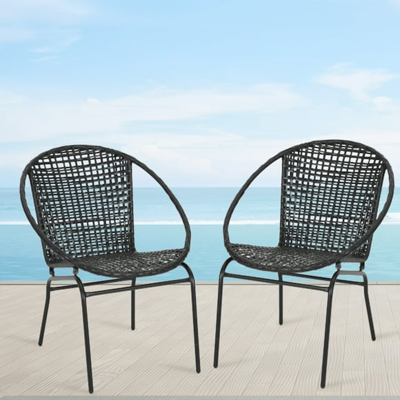 Modern Rattan Indoor/Outdoor Stackable Dining Chairs, Stacking Rattan Bistro Chairs for Patio or Restaurant, Set of 2, Black