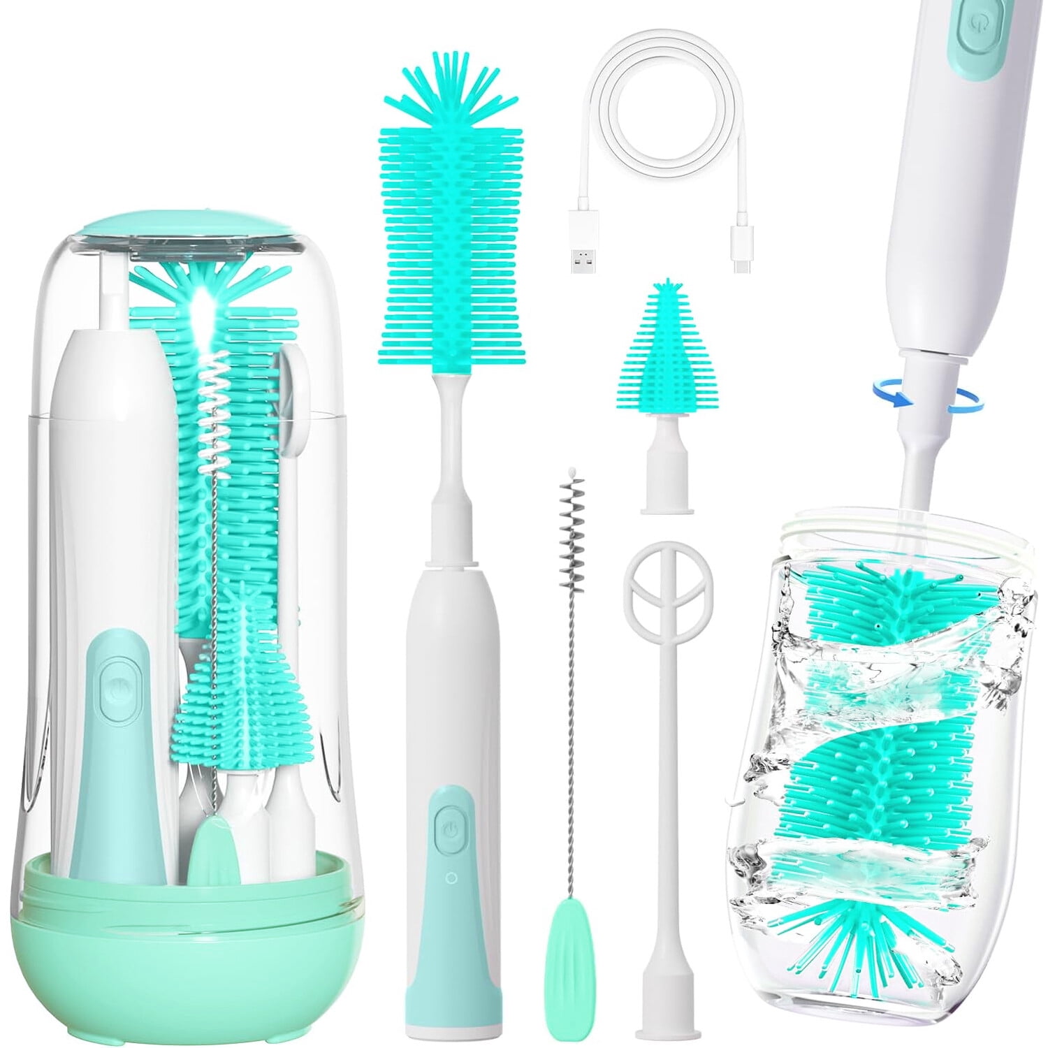 Electric Bottle Brush Cleaner, Portable Rechargable Baby Bottle Brush Kit for Travel with Silicone Nipple & Straw Brush, Drainage Rack, Storage Box, Perfect Essentials Gift for Mom After Birth