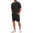 thumbnail image 4 of INSPIRE CHIC Men's Casual Texture Crew Neck Solid Shirt Top and Shorts 2 Piece Outfits 2XL Black, 4 of 6