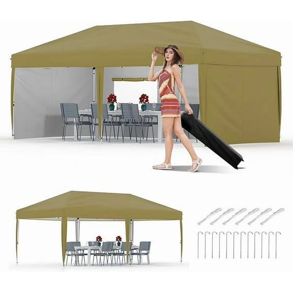 10x20 Pop Up Canopy Tent with 4 Sidewalls, Heavy Duty Outdoor Canopy UPF 50  All Season Waterproof Commercial Street Vendors Party Tents with Roller Bag, 8 Stakes & 6 Sandbags,Khaki