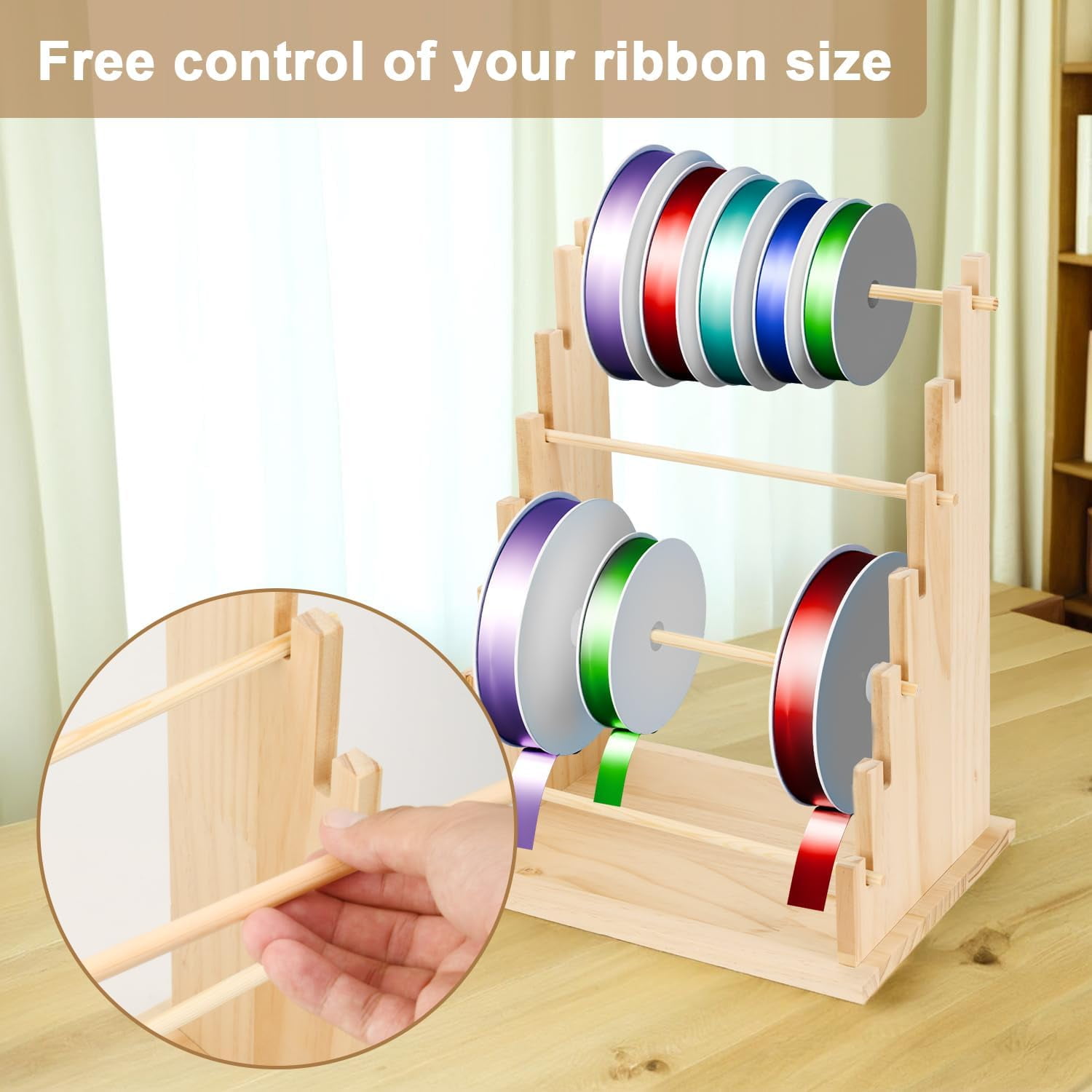 Wooden Ribbon Organizer Rack,Large Capacity Ribbon Holder, Ribbon Spool Holder Stand, Washi Tape Storage Organizer, Wooden Sewing Organizer Display Shelf for Craft Room,Cake Shop(7 Tier)