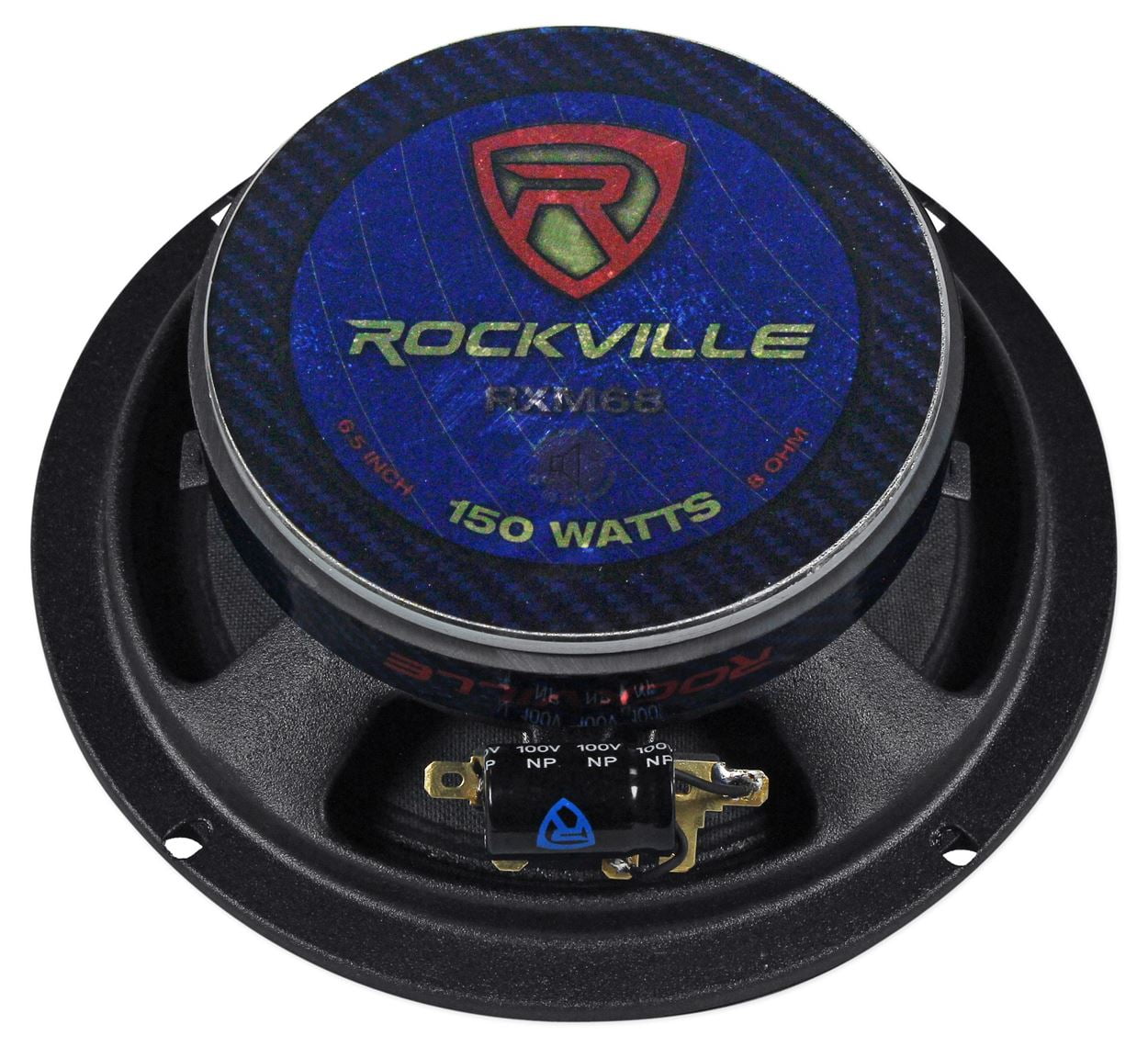 Rockville RXM68 150-Watt Peak 75-Watt RMS 6.5 in 8 Ohm Mid-Bass Driver Car Speaker, Kevlar Reinforced Pulp Cone, Slim Mount Depth, for Door Audio Installations, 4-Piece