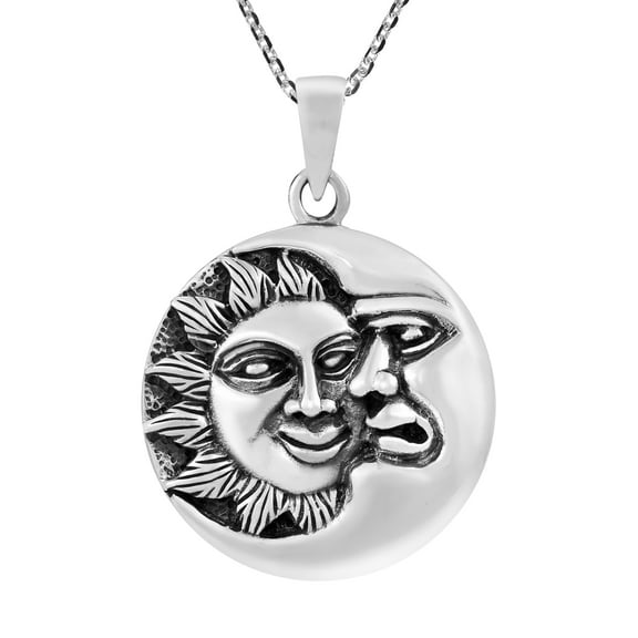 Eclipse Embrace Sterling Silver Sun And Moon Face Celestial Pendant Necklace