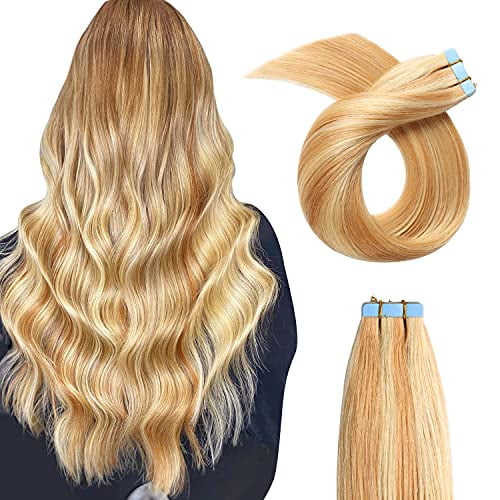 Tape in Human Hair Extensions Seamless Straight Tape in Hair Extensions 22 inches 20Pcs/Pack Highlighted Piano Color Tape in Extensions #27/613