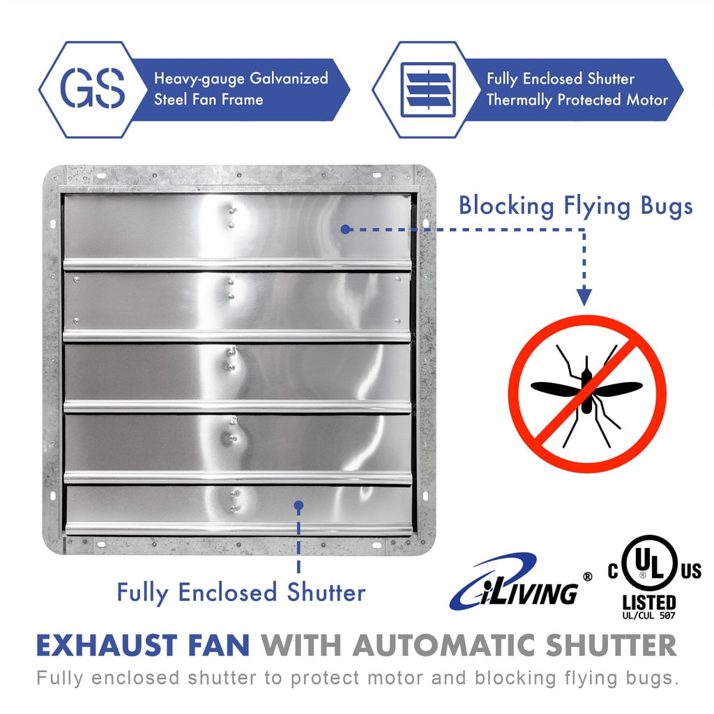 New Upgraded iLIVING 20 Inch Variable Speed Shutter Exhaust Fan, Wall-Mounted, Includes Power Cord