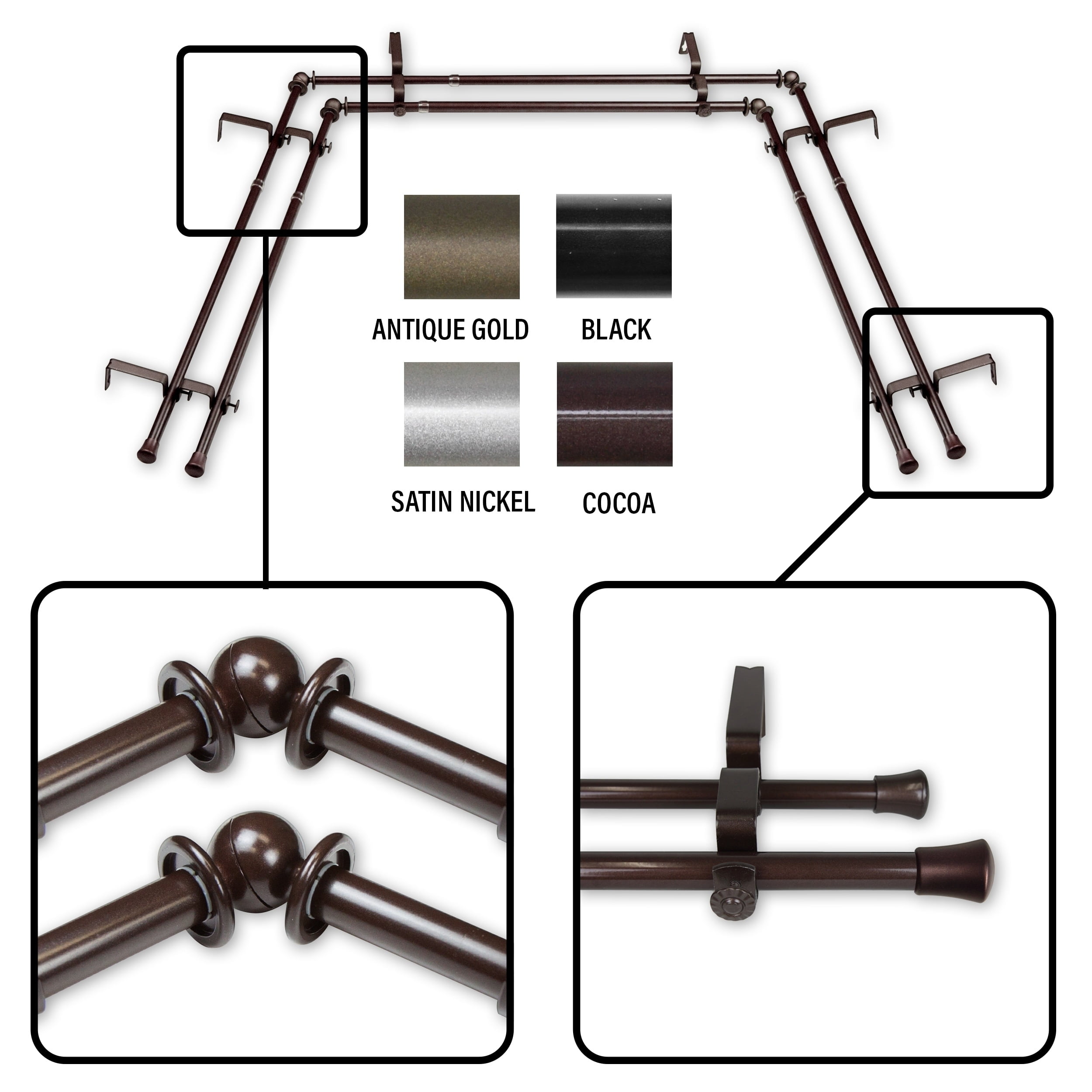InStyleDesign 5/8 inch Double Bay Curtain Rod 20"36", 38"72