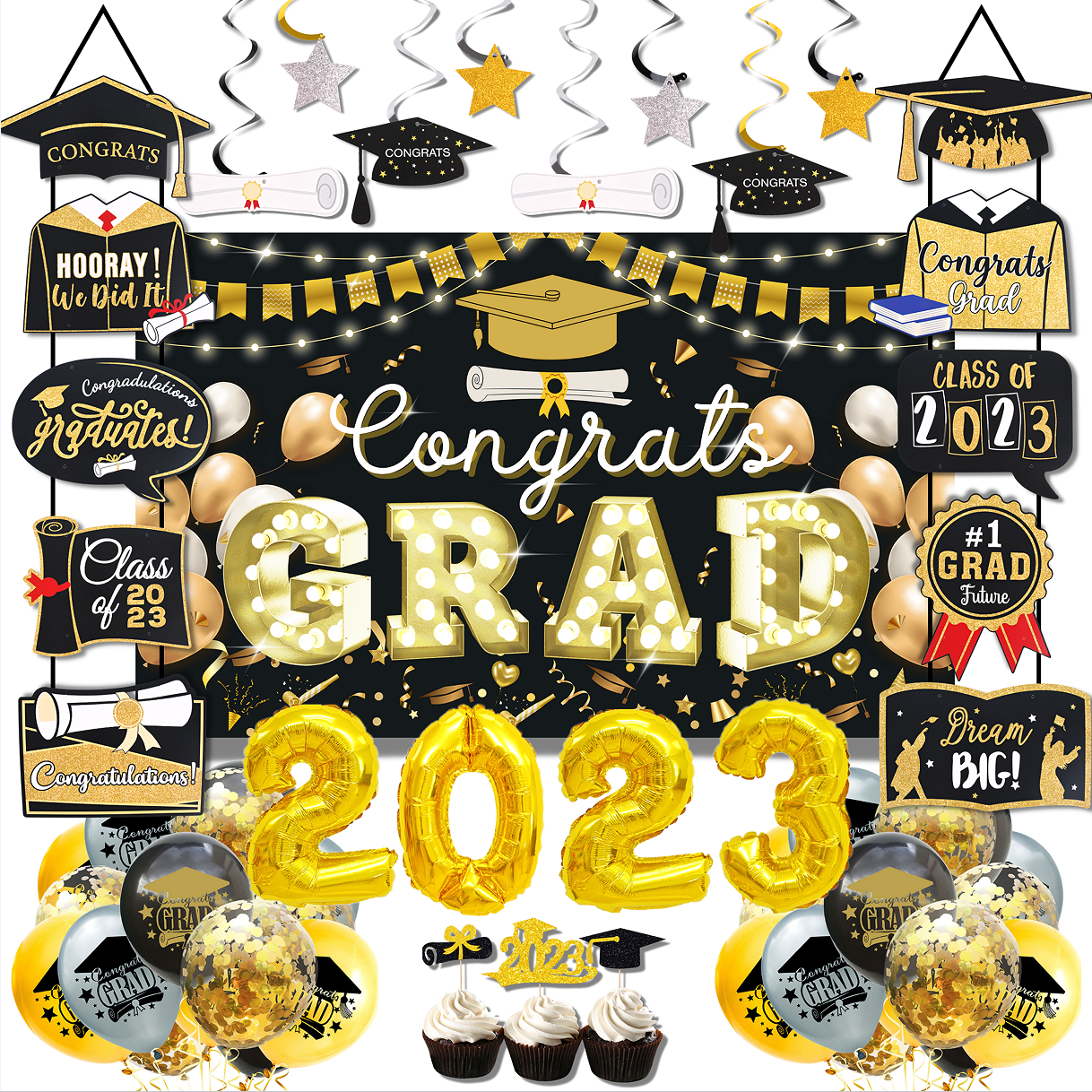 Graduation Party Decorations 2023 Black & Gold Graduation Supplies