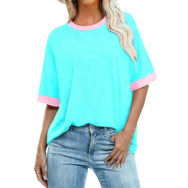 WRKEKC Summer T-Shirts for Women Plus Size Round Neck Short Sleeve Color Block Spring Summer Base Layer T Shirt Top