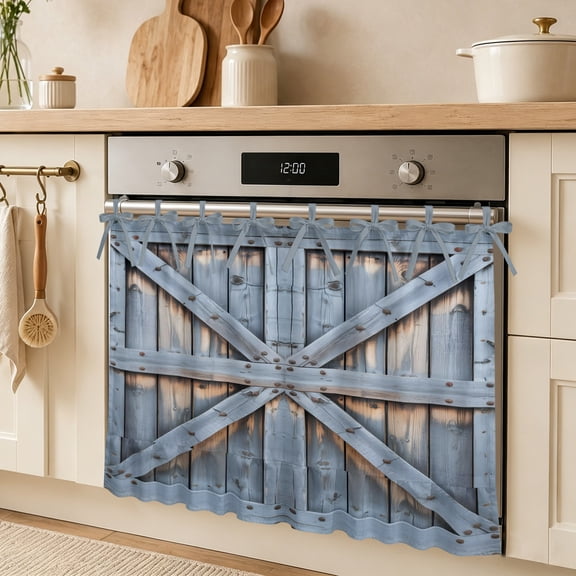 Rustic Barn Door Oven Skirt Curtain, Vintage Countryside Door Grey Wood Board Tie Top Tier Curtains Stove Dishwasher Skirt Small Window Drapes for Kitchen Bathroom Cafe 30"x21.5"