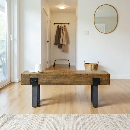 Resenkos Garden Bench - Metal Legs, Rustic Wood Effect Concrete, for Entryway/End of Bed/Patio/Park/Porch/Lawn, Natural and Black