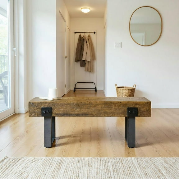 Resenkos Garden Bench with Metal Legs, Rustic Wood, Natural and Black