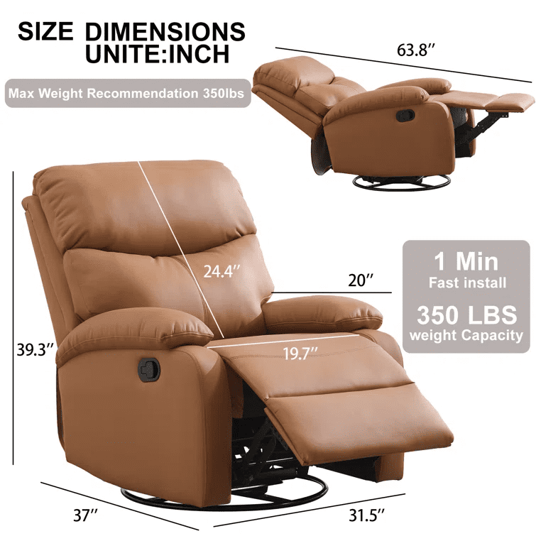 Set of 2 Khaki Small Genuine Leather Recliners with 360° Swivel & Rocking Motion, Modern Space-Saving Chairs for Home & RV