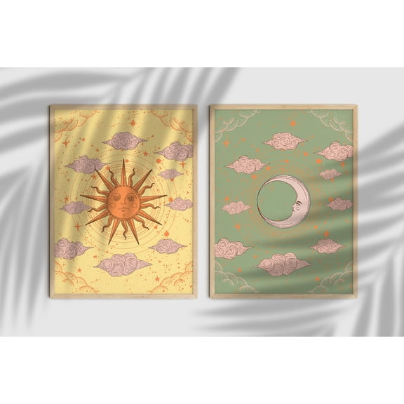 Retro Sun and Moon Print 70s Celestial Wall Art Vintage Set 2 Unframed Paper Print 8x12