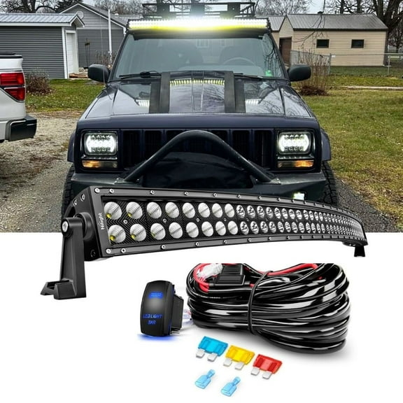 Nilight 54Inch 54 Inch 312W Curved Spot Flood Combo Bar Led Off Road Driving Light and 1PC 14AWG 12V 5Pin Rocker Switch Wiring Harness Kit-1 Lead