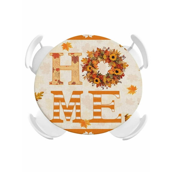 Round Tablecloth Fall Thanksgiving HOME Sign Elastic Edge Fitted Farmhouse Orange Pumpkin Maple Leaf Plastic Table Cover,Waterproof Oil Proof for Dinner,Outdoor, Picnic, 55"- 60" DIA Tables