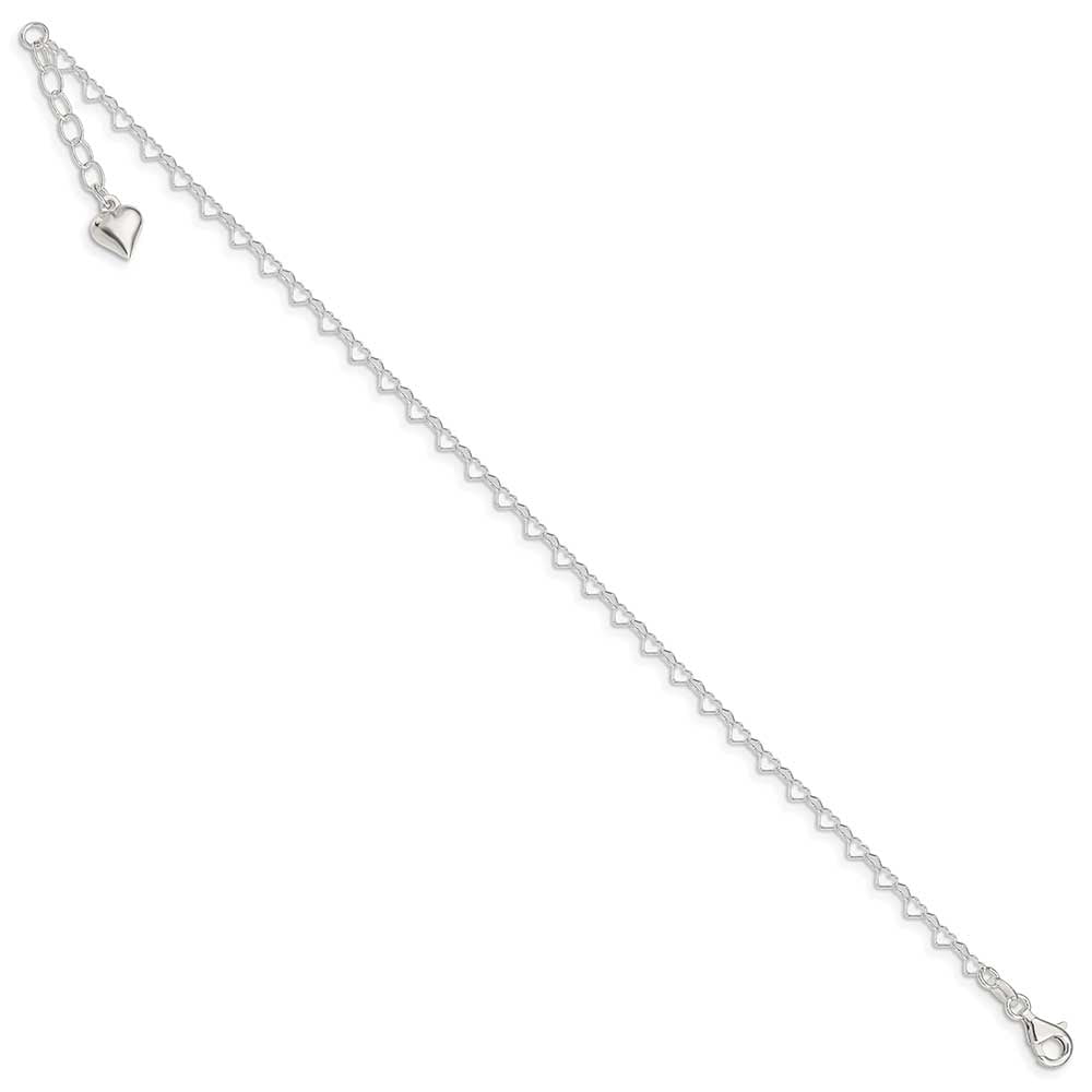 925 Sterling Silver Fancy Lobster Closure Polished Puffed Love Heart With 1inch Ext. Anklet 9 Inch-Anklet for Women
