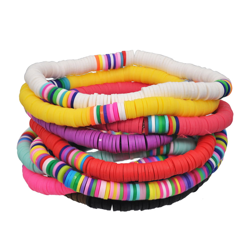 Uhndy Pack Of 5 Women Rainbow Polymer Clay String Beads Bracelet Party  Bangle 