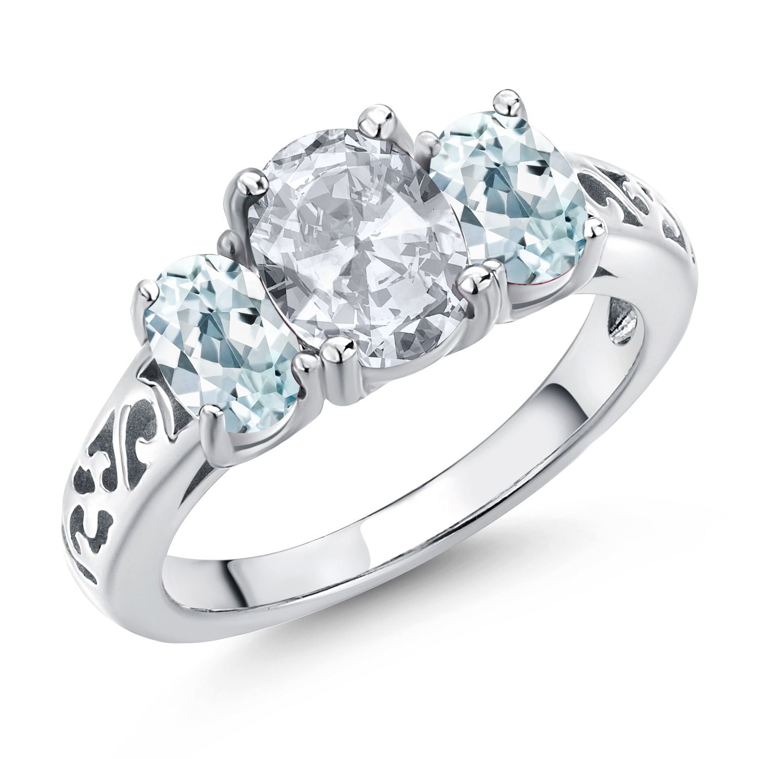 Gem Stone King 2.50 Cttw White Topaz and Sky Blue Aquamarine Filigree Style 3 Stone Ring for Women | 925 Silver | Oval 8X6MM and 6X4MM | Three Stone Wedding Engagement Anniversary Ring | Size 9