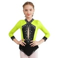 thumbnail image 3 of SiiRoh Girls Long Sleeve Gymnastics Leotard Sparkly Color Block Skirted Bodysuit for Dance Skating Fluorescent Yellow 10, 3 of 7