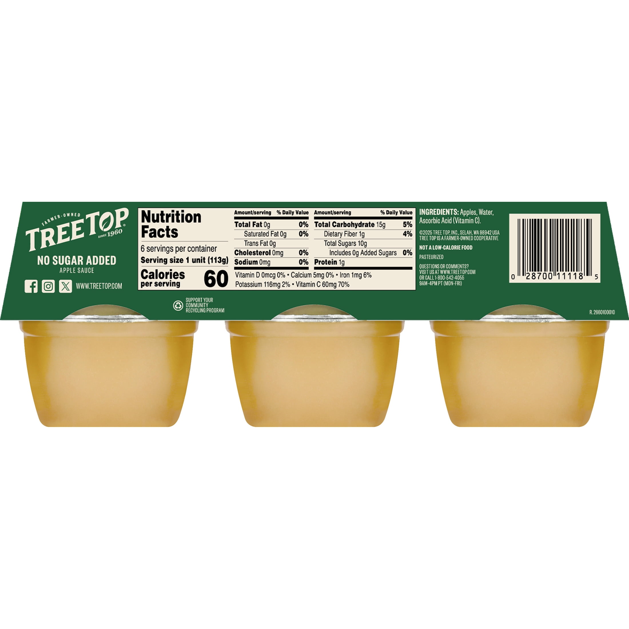 (6 pack) Tree Top No Sugar Added Apple Sauce Cups, 4 Oz, 6 Count