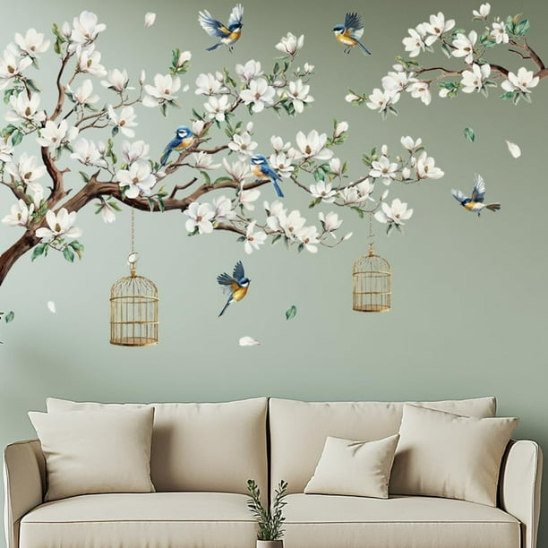 Calcomanías de pared con diseño de pájaro magnolia, árbol, flores, pegatinas de pared, decoración de flores blancas, decoración del hogar con magnolia